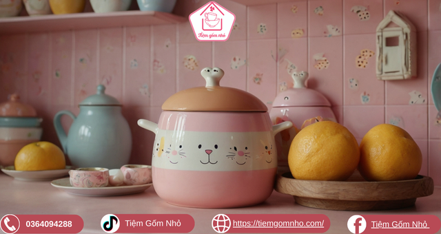 Nồi sứ hồng dễ thương trên bếp ga