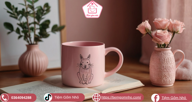 Bàn làm việc tông hồng với cốc sứ dễ thương - cốc sứ đẹp giá rẻ