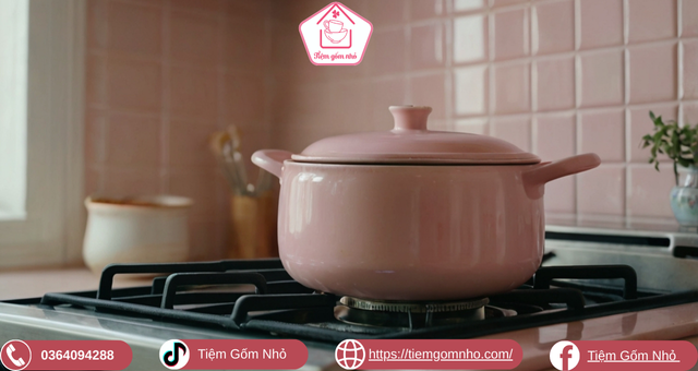 Nồi sứ hồng dễ thương trên bếp ga - cách sử dụng nồi sứ