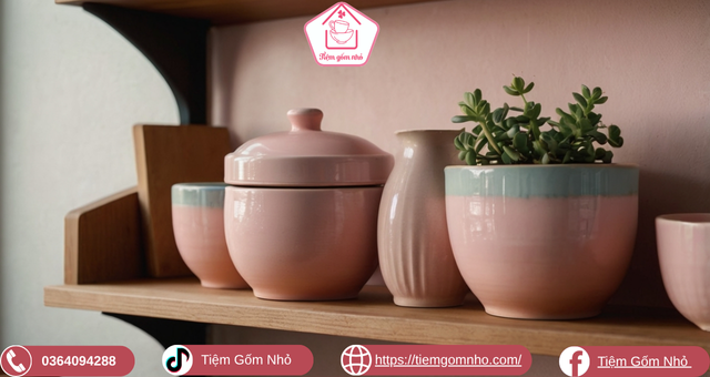 Nồi gốm sứ hồng pastel tại tiệm dễ thương