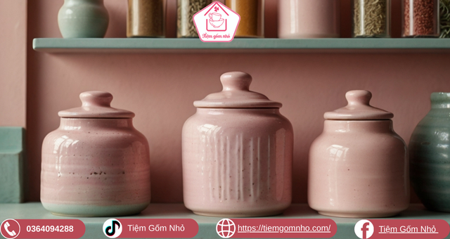 Lọ gia vị gốm sứ dễ thương trên kệ bếp
