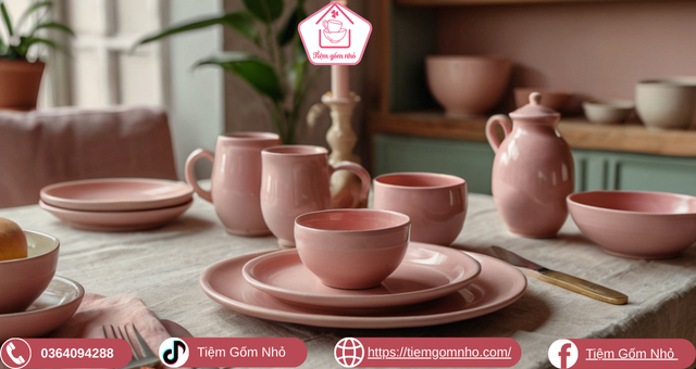 Bộ bát đĩa gốm sứ dễ thương trên bàn ăn