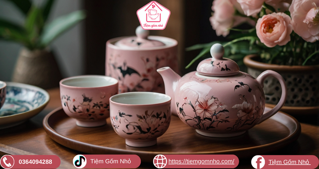 Bộ ấm chén gốm sứ Bát Tràng men bóng đẹp