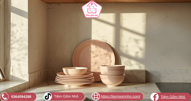 Gốm sứ trang trí góc bếp với chậu cây và lọ hoa hồng pastel