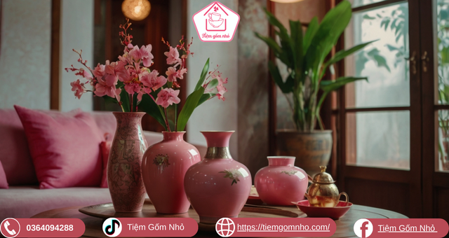 Gốm sứ trang trí Tết màu hồng trong phòng khách