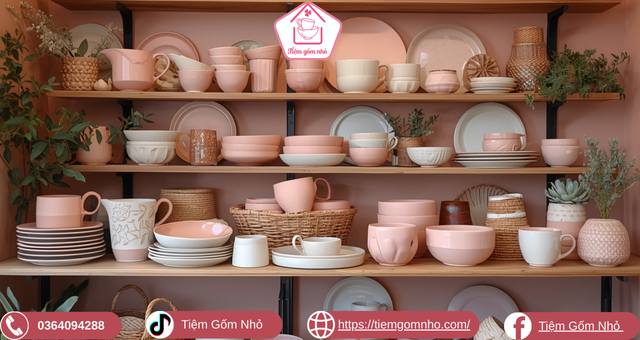 Cửa hàng bán gốm sứ trang trí góc bếp màu hồng